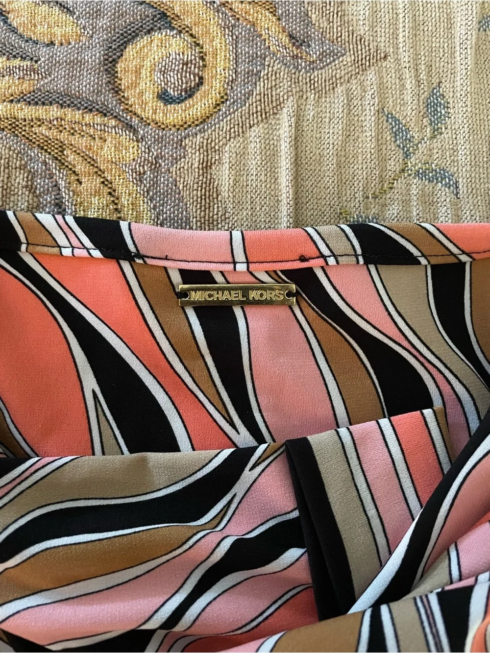 Michael Kors Coral, Pink, Black and Brown Wave-Print Skirt